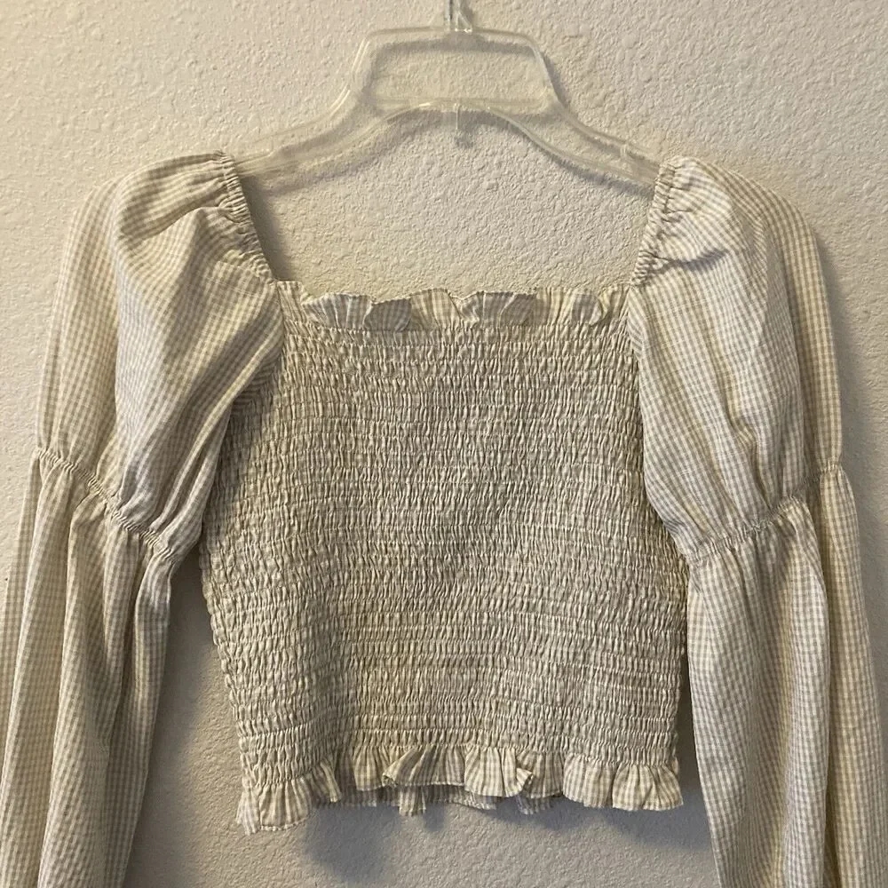 Superdown Womens Blouse Size XS Smocked Puff Sleeve Cropped Gingham Babydoll Top - Picture 5 of 11